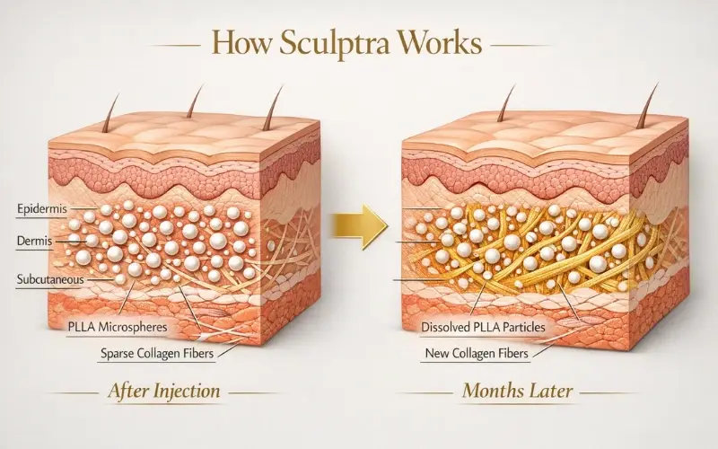 How Sculptra works — PLLA collagen stimulation diagram