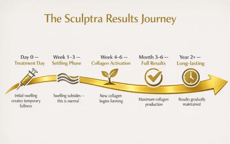 Sculptra results timeline showing gradual collagen improvement over time