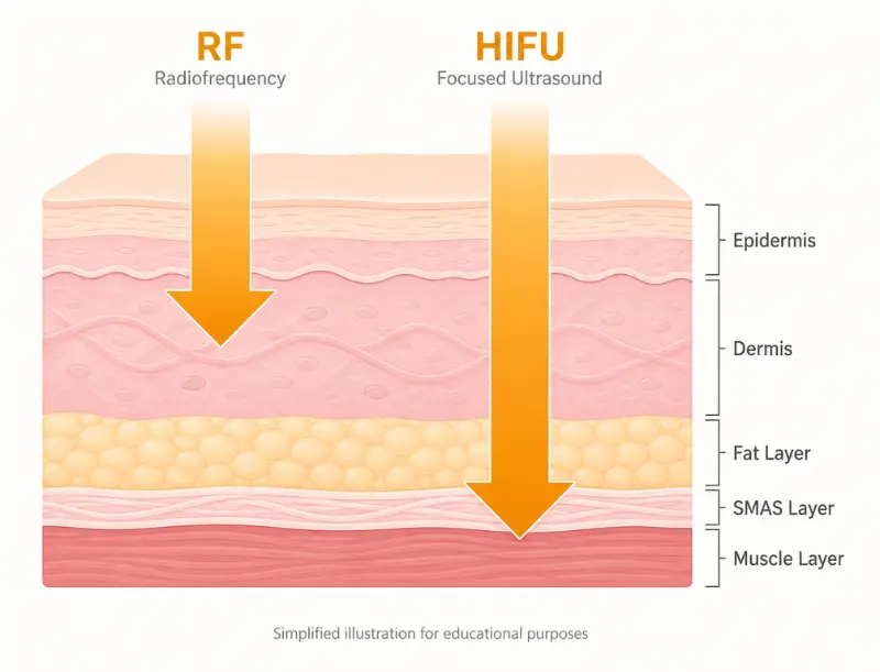 Multi-layer skin lifting diagram showing Oligio X RF reaching dermis and Ultraformer MPT HIFU reaching SMAS layer at Edition Clinic Bangkok