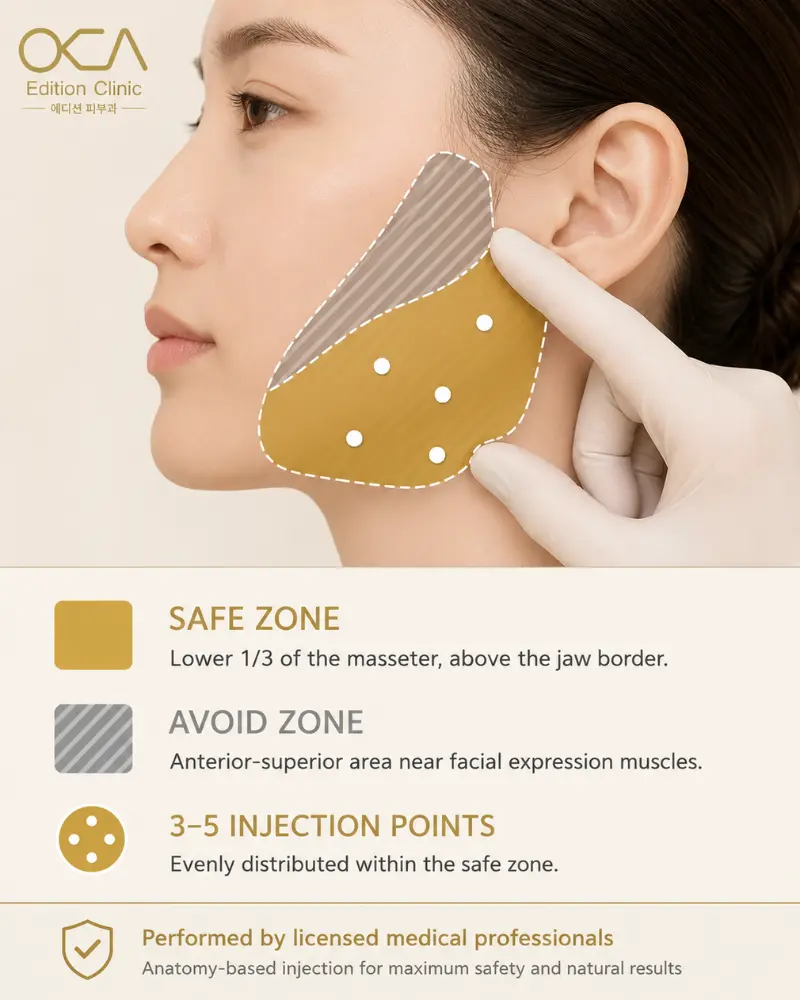 Masseter botox treatment areas: mandibular angle, lower jaw border, safe injection zone