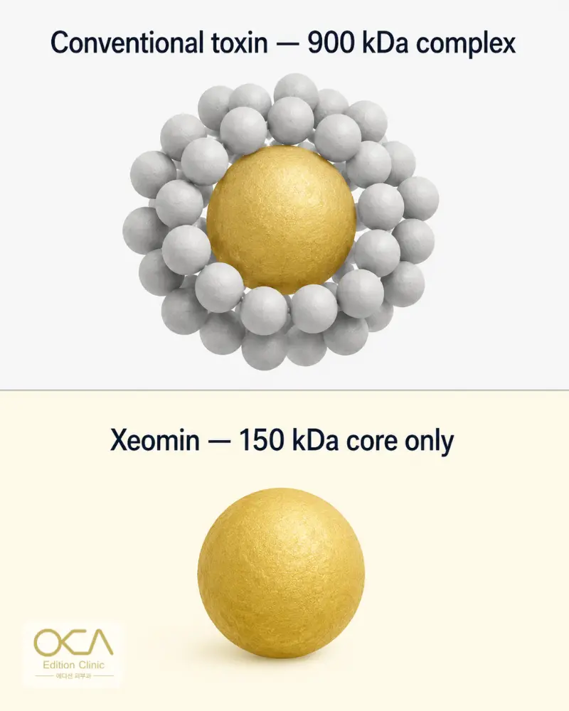 Diagram comparing a 900 kDa botulinum toxin complex with the complexing protein-free 150 kDa Xeomin molecule