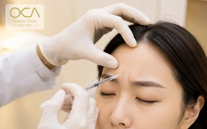 Gloved hands administering a Xeomin injection with a fine gauge needle at Edition Clinic Bangkok