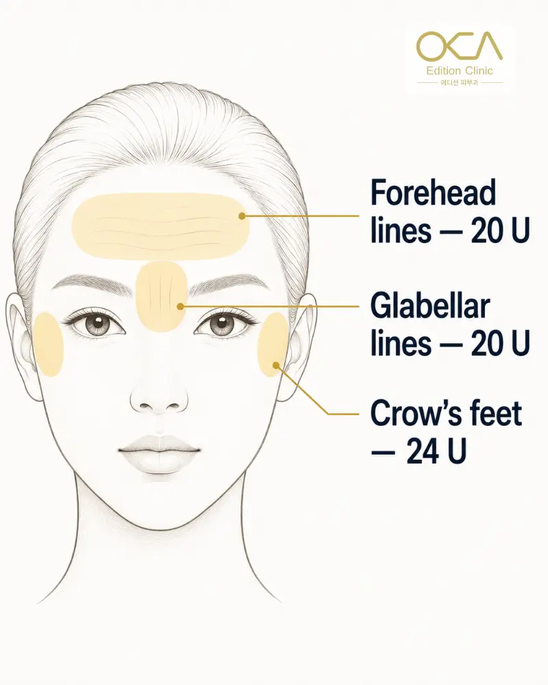 Xeomin treatment area map showing 20 units for glabellar lines, 20 units for forehead lines and 24 units for crow's feet