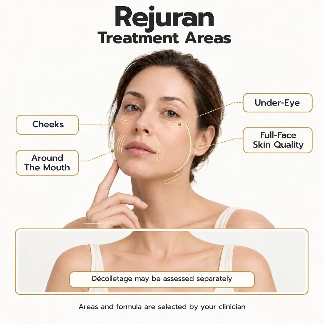 Rejuran treatment areas on the face, under eyes and neck